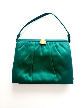 Vintage Emerald Satin Top-Handle Evening Bag